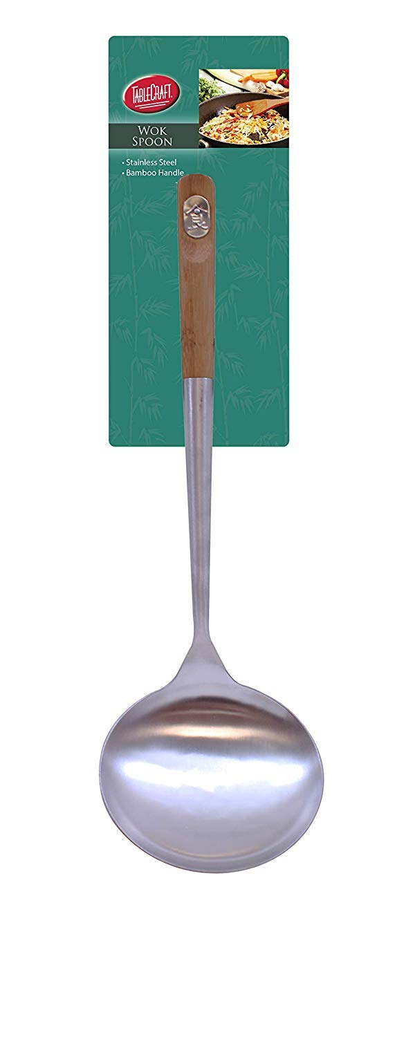 Tablecraft 32410 Wok Spoon With Bamboo Handle, 16'', Brown And Tablecraft 32409 Wok Skimmer With Bamboo Handle, 15'', Brown - Wo